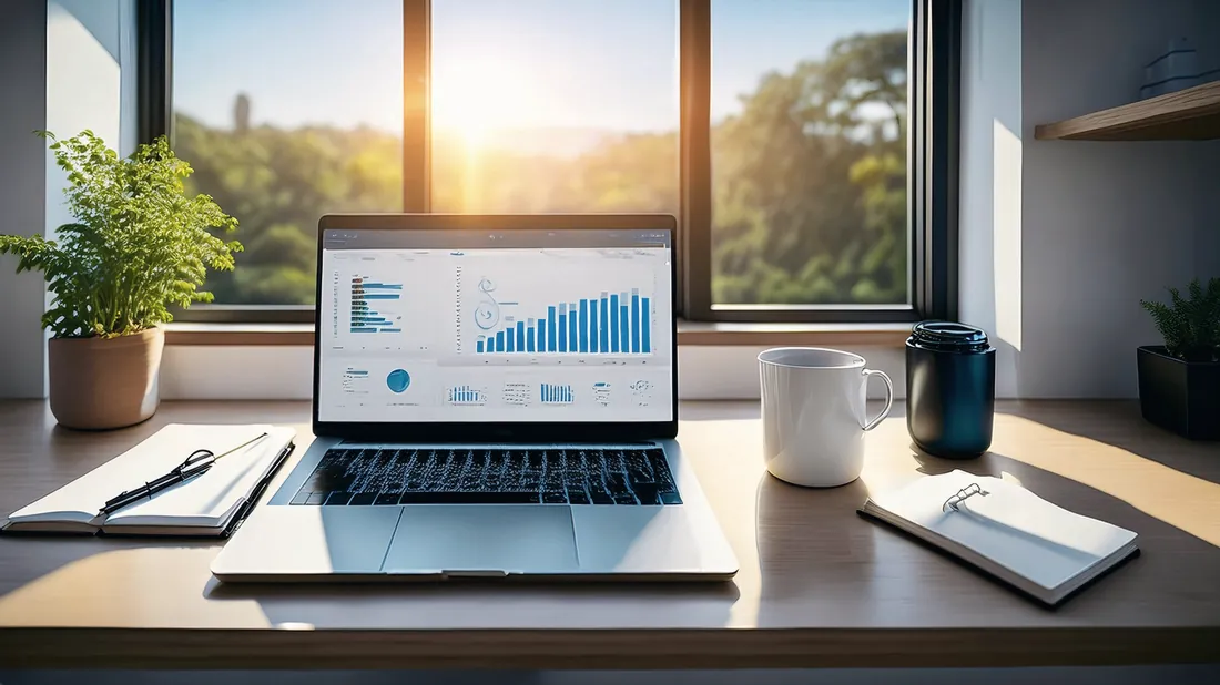 Laptop showing financial charts on a sunlit desk